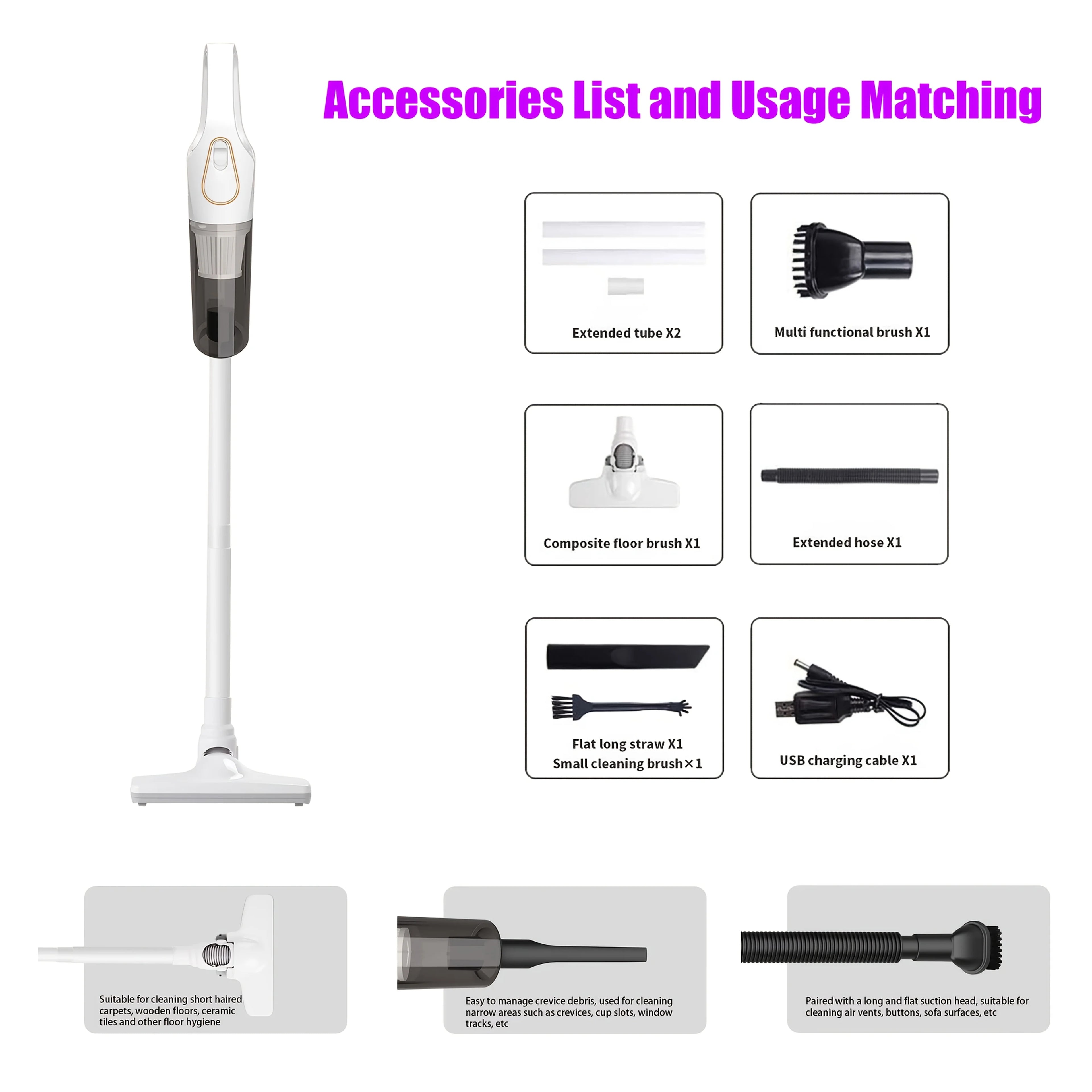 Handheld multifunctional vacuum cleaner, USB charging, 10000pa super strong suction, two color options, rich accessories