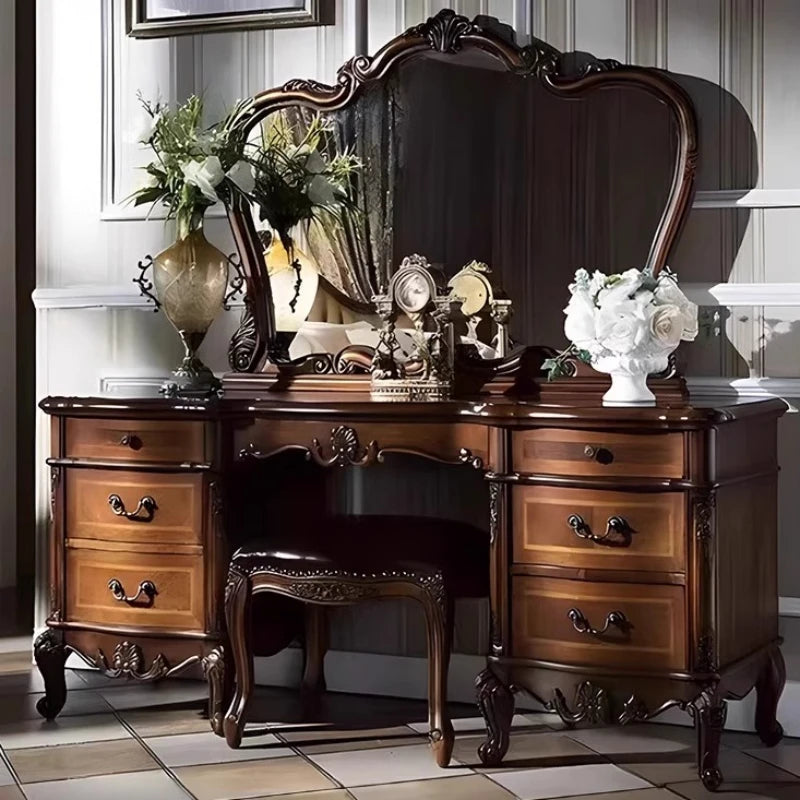 Nordic Hollywood Chair Vanity Wood Storage Mirror Organizer Luxury Dressers Bedroom Makeup Seating Penteadeira Furniture Home