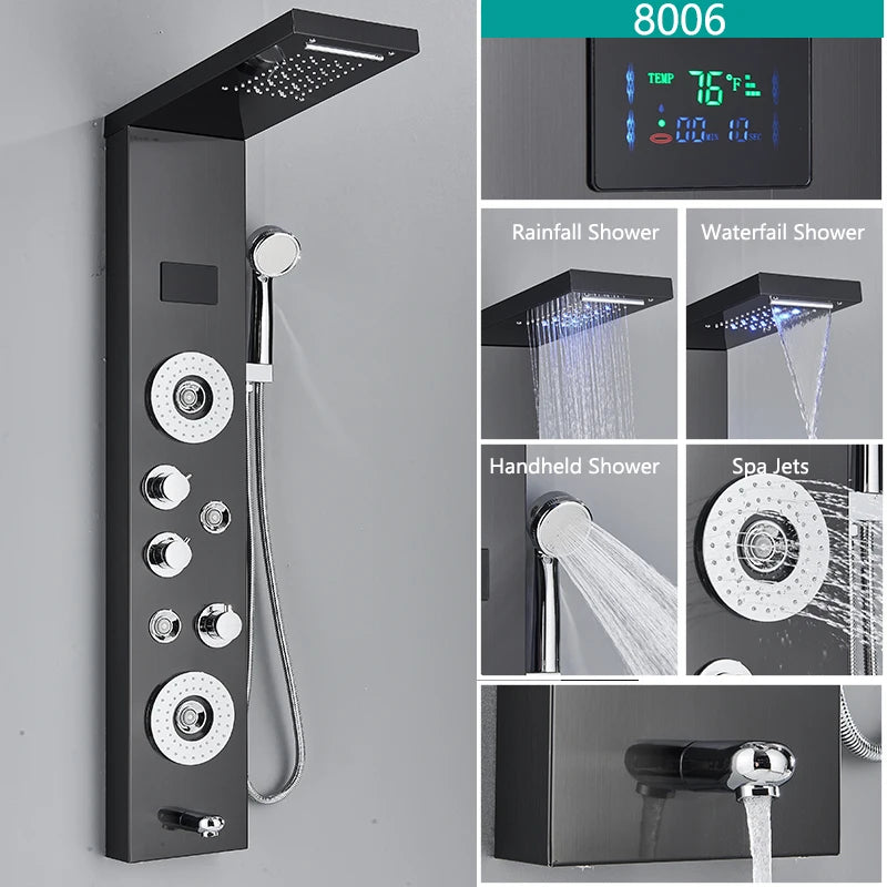 LED Light Bathroom Shower Faucet Set LED Rainfall Shower Panel System Bathtub Water Mixer Tap Massage SPA Temperature Screen