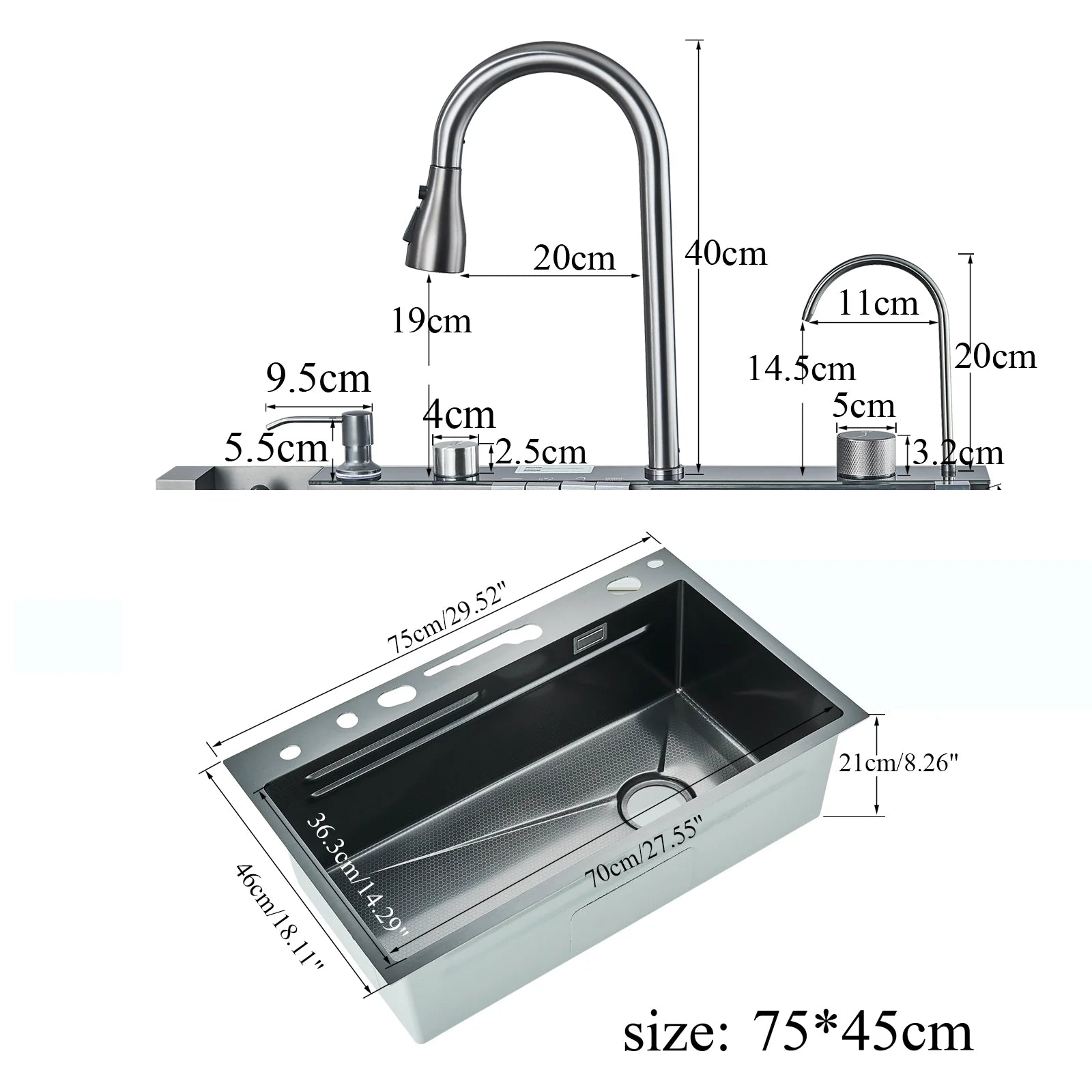 Gun Grey 304 Stainless Steel Waterfall Drainage Kitchen Sink Integrated Digital Display Faucet Set Soap Dispenser Vegetable Pool