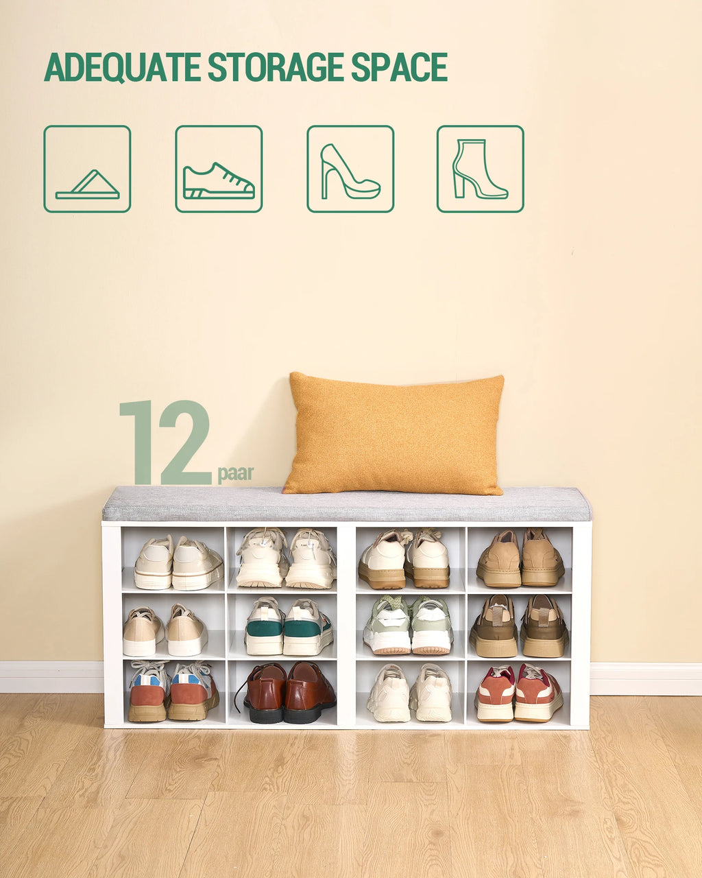 Shoe Bench with Cushion, Entryway Storage Bench with 12 Cubbies, Cubby Shoe Rack with Adjustable Shelves, Shoe Organizer Cabinet