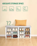Shoe Bench with Cushion, Entryway Storage Bench with 12 Cubbies, Cubby Shoe Rack with Adjustable Shelves, Shoe Organizer Cabinet