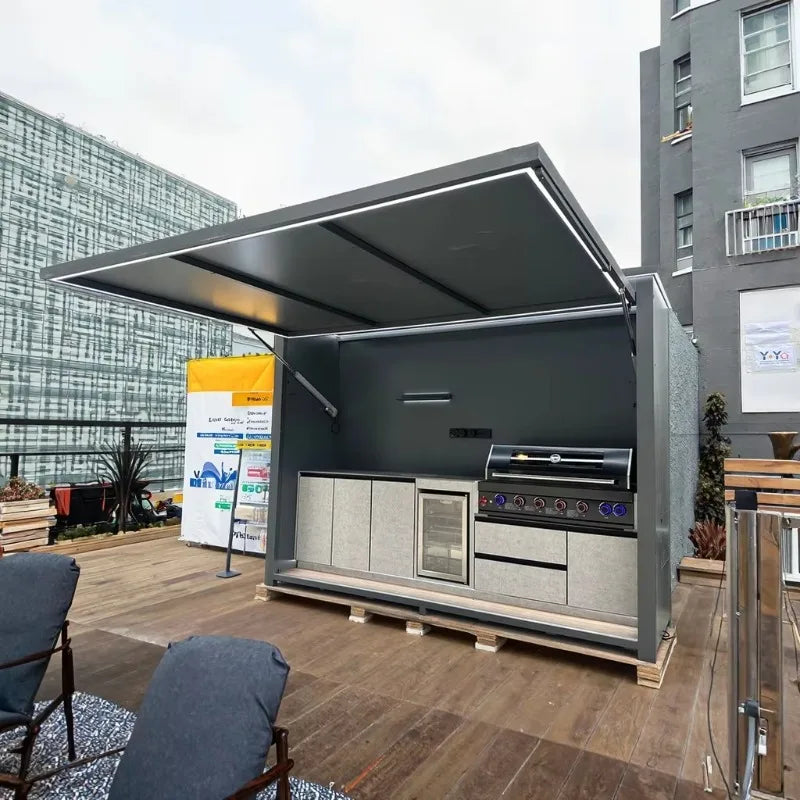 Customized Outdoor Kitchen Island Set Equipped With BBQ Grill And Refrigerator Full Outdoor Cooking Kitchen