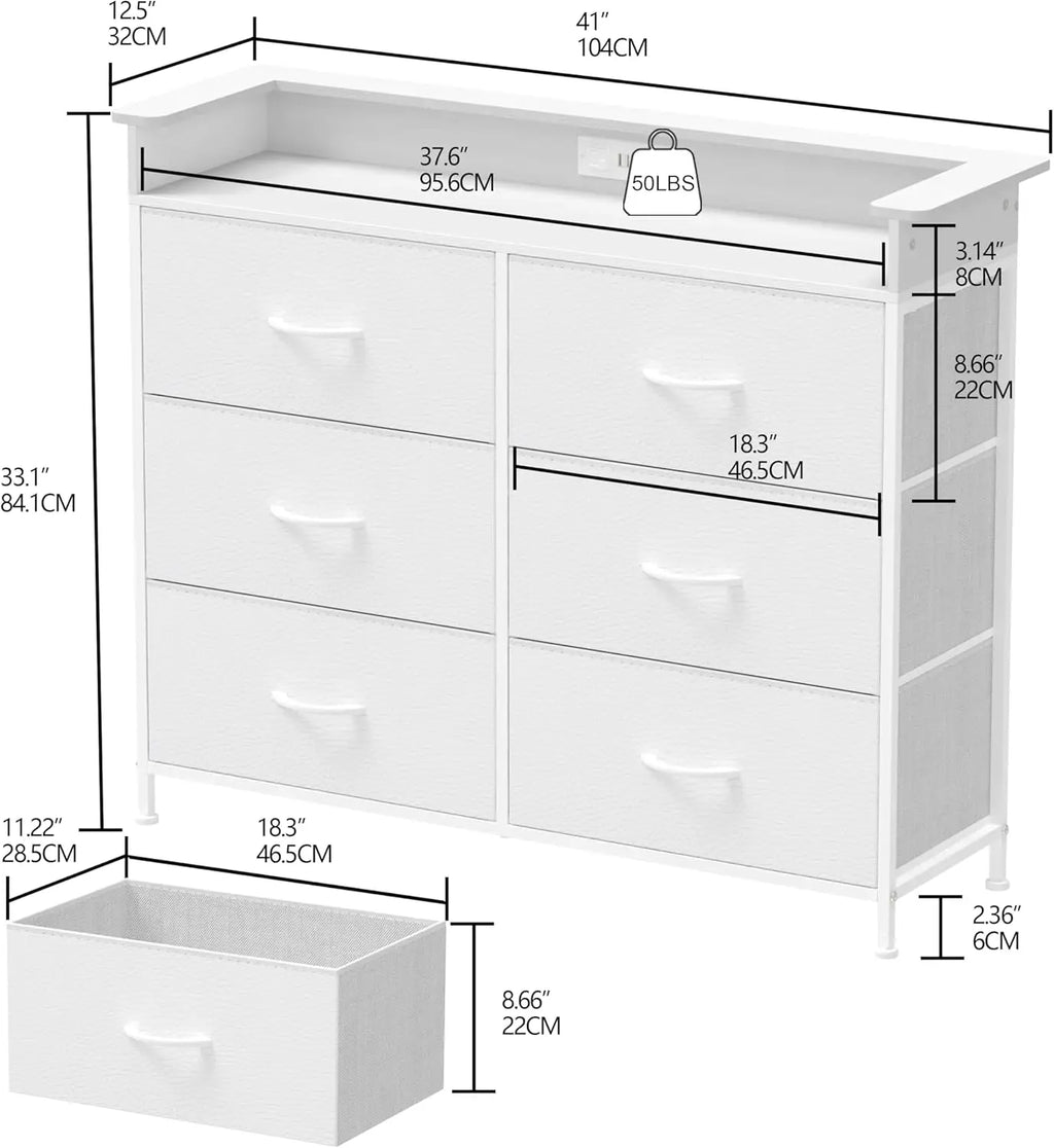White Dresser For Bedroom With Charing Station And Led Light 6 Drawer Dresser With Pu Finish Fabric Chest Of Drawers For Closet