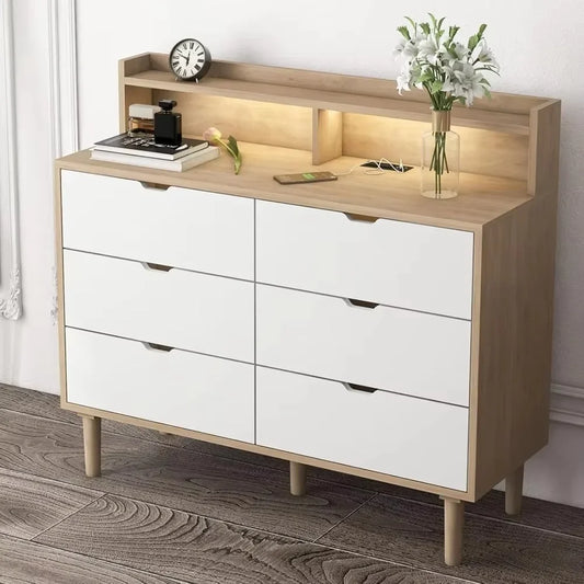6 Drawer Dresser with Charging Station, Wooden Chest of Drawers with LED Light for Closet Hallway, Living Room, Entry