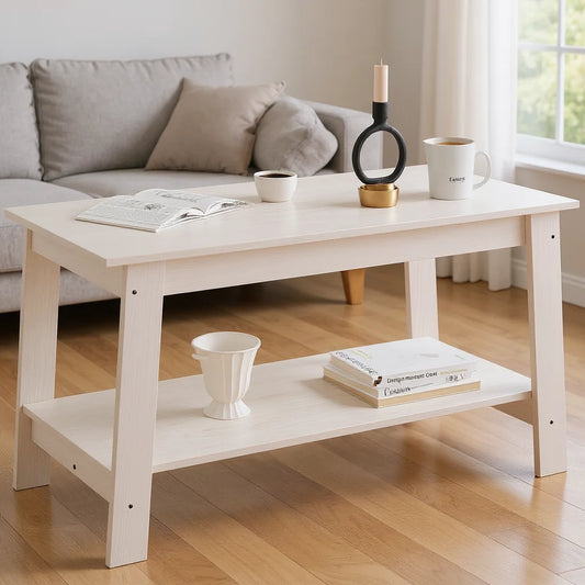 Rustic Farmhouse Wood Coffee Table with Storage Shelf, Rectangular Small Center Side Table for Living Room, Easy Assembly