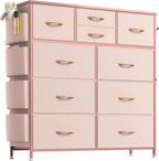 Dresser for Bedroom Chest of Drawers with Side Pockets and Hooks, Fabric Storage Organizer Unit for Living Room, Hallway, Closet