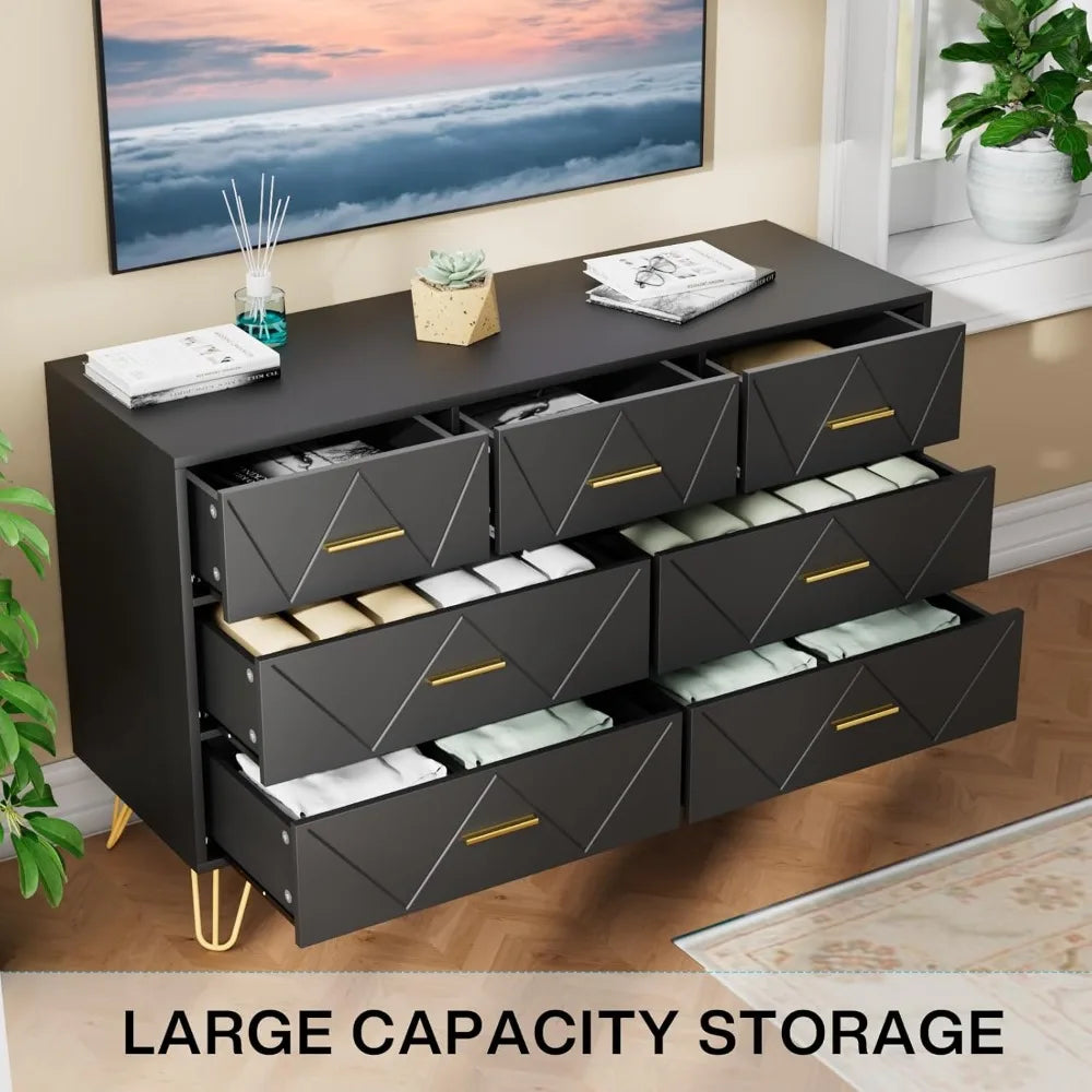 Dresser for Bedroom, 7 Drawer Black Wooden Dresser with Gold Handles, Modern Storage Dressers & Chests of Drawers for Hallway,