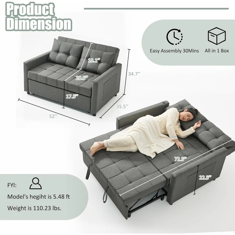 52" Sleeper Sofa with Pull-Out Bed, 3-in-1 Convertible Sofa Bed, Loveseat with Stepless Adjustable Backrest and Side Pocket