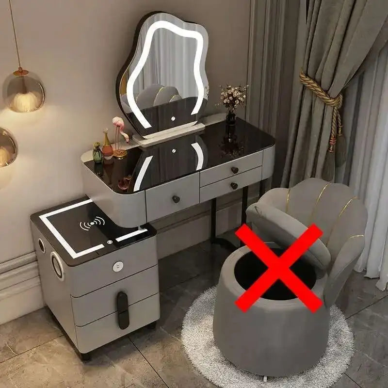 Luxury Glass Dressing Table with Smart Wireless Charging Bedroom Vanity Nightstand Makeup Table Drawers with Led Mirror Dresser