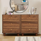 3 Drawer Fluted Dresser for Bedroom Set of 2, Mid Century Modern Chest of Drawers, Wood Storage Small Dresser Organizer , Walnut