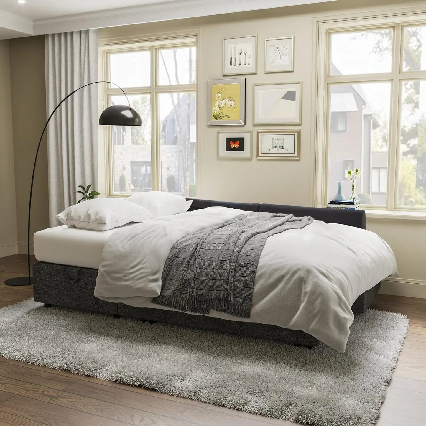 Grey Linen Sleeper Sofa / Sofa Bed - 2-in-1 Pull Out Couch w/ Storage Chaise, Living Room | AlluCanFind