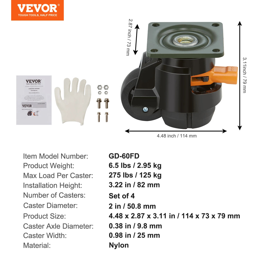 VEVOR 4 Pcs Leveling Casters Heavy Duty Swivel Caster Wheels with Handle Design Height Adjustable Feet for Workbench Machine