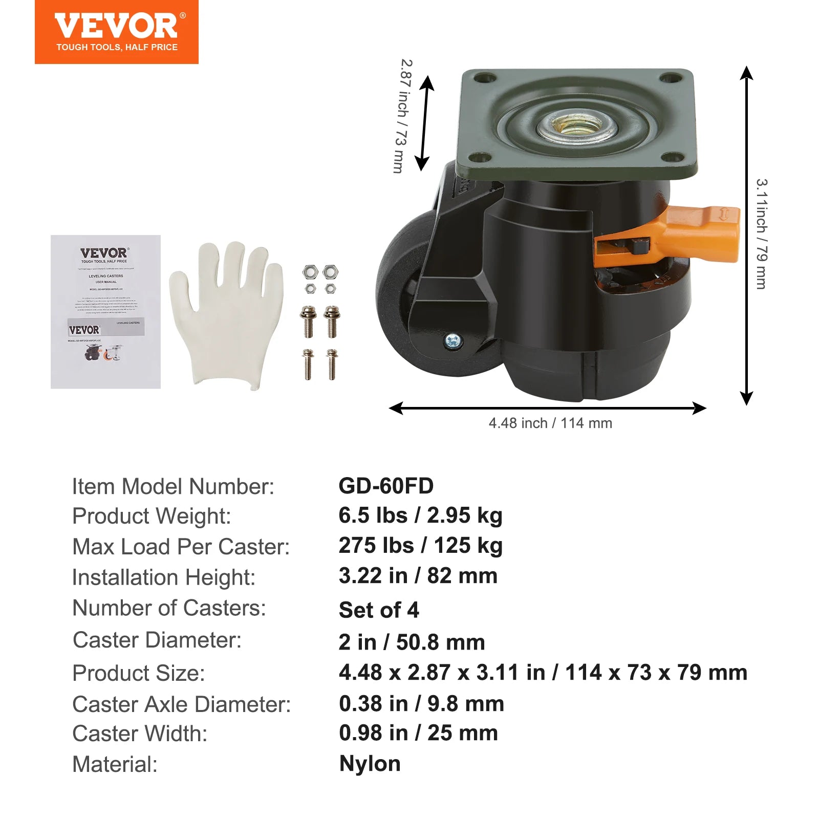 VEVOR 4 Pcs Leveling Casters Heavy Duty Swivel Caster Wheels with Handle Design Height Adjustable Feet for Workbench Machine