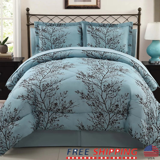 8-Piece Reversible Comforter Set Queen Soft Microfiber Bed in a Bag Hypoallergenic Includes Sheets Shams Pillowcases Bedskirt