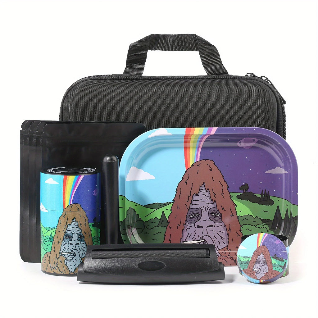 18 Pieces Gorilla Themed Portable Smoking Set, Stash Box Grinder Rolling Tray Machine Combo Easy To Carry