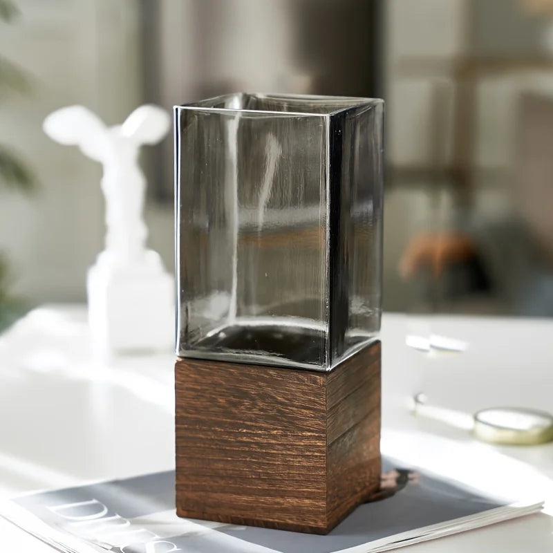1pc, Geometric Acrylic Flower Vase with Wooden Base, Vintage Style, Anti-Slip, Durable, for Tabletop, Office, Bookshelf Decor
