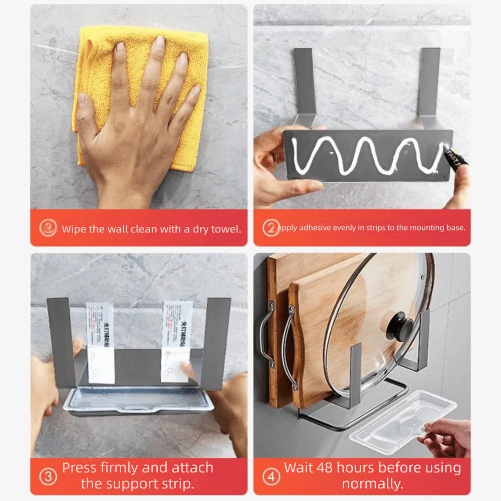 Wall Mounted Pot Lid Rack Space Saving with Drain Tray Cutting Board Holder No-Drill Sturdy Kitchen Storage Rack Kitchen Storage