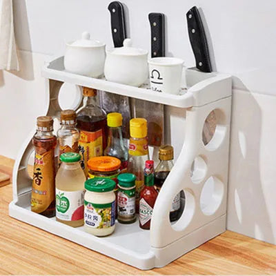 2026 Kitchen floor shelf double-layer kitchen utensils knife rack seasoning rack multi-function storage organizer