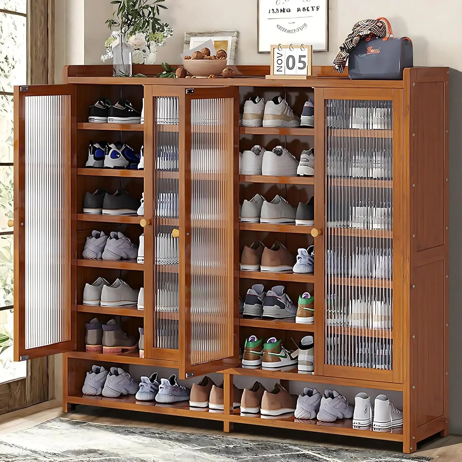 8-Tier Bamboo Shoe Cabinet – Freestanding Shoe Rack Organizer with 40-Pair Capacity, Includes Doors & Shelves for Stylish & Dur