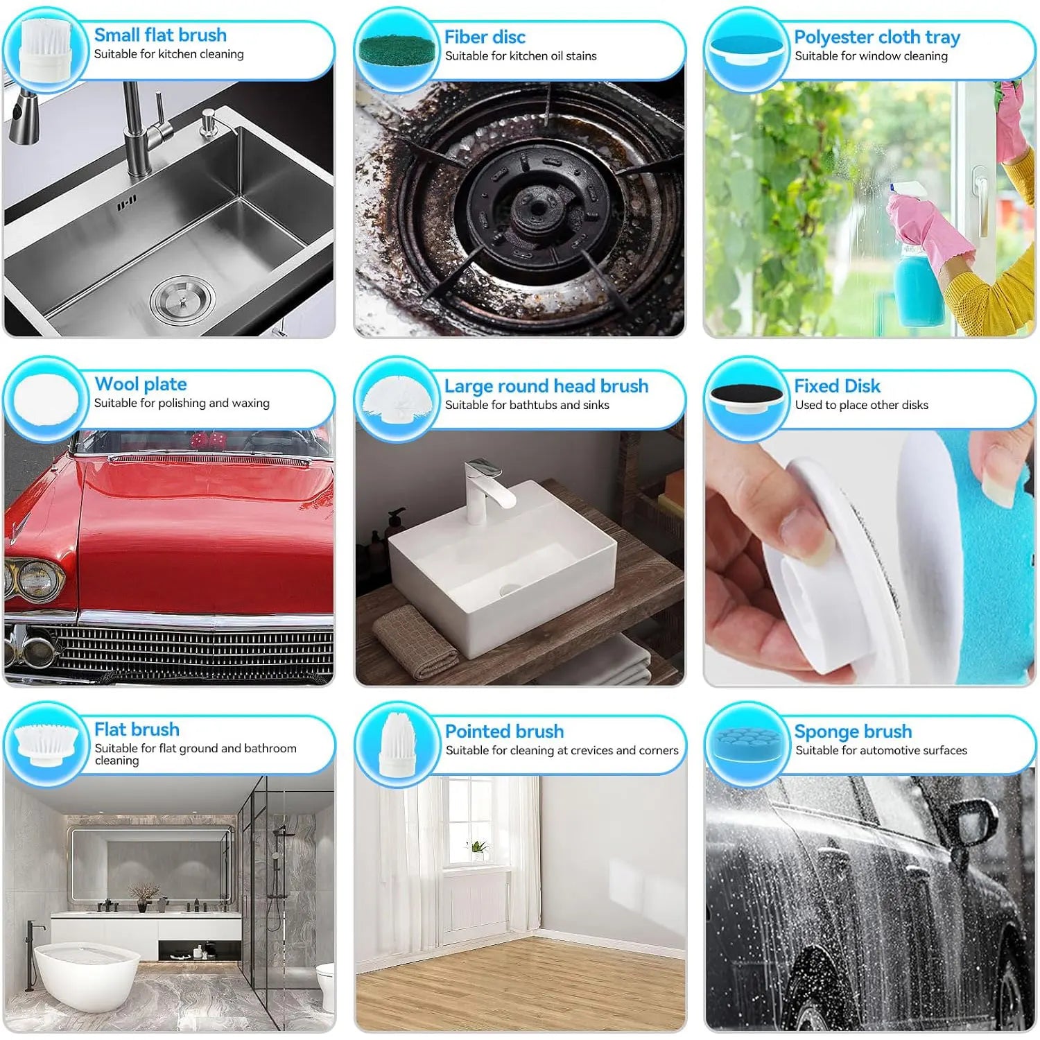 Electric Cleaning Brush 9-in-1 Wireless Handheld Household Kitchen Floor Bathroom Rotary Scrubber with 9 Head Cleaning Scrubber