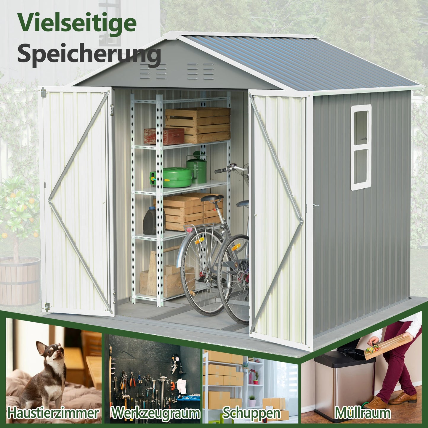 Metal Garden Shed with Dual-Pitched Roof, Window and Ventilation, Base Included, 184.8x182x191.1 cm, Grey