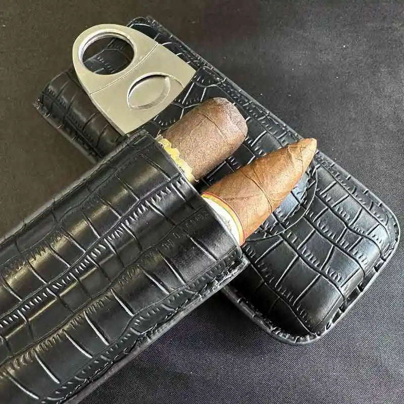 Cigar Tube 2 Slots Case with Cigar Cutter Travel  portable Cigar Accessories Leather Humidor 917