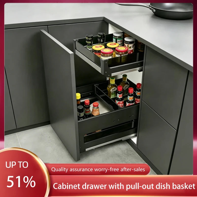 Kitchen Cabinet Pull Out Double Layer Basket 304 Stainless Steel Half Drawer Under Cooktop Organizer Space Saving Durable
