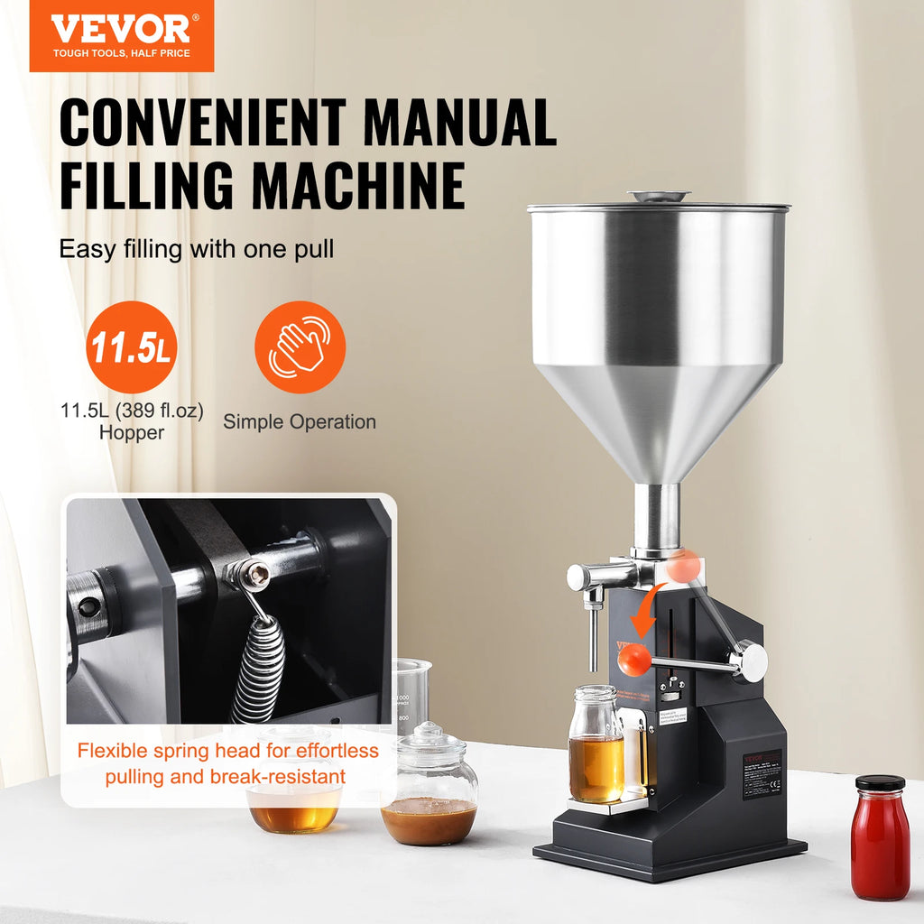 VEVOR 5-100ml Manual Paste Liquid Filling Machine Stainless Steel Adjustable Bottle Filler with Hopper for Water Juice Oil Honey
