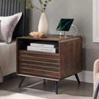 24" Nightstand with Charger Station, Mid Century Modern Fluted End Table with 2 Drawers, Wooden Side Table with Open Cubby