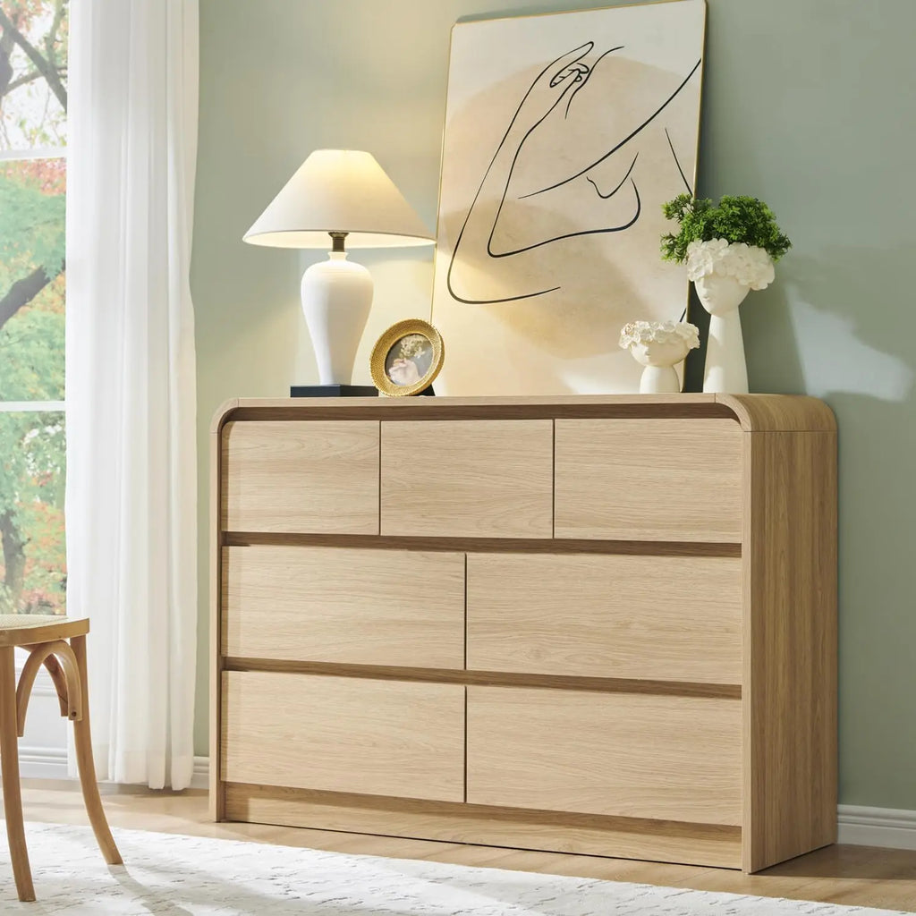 7 Drawers Dresser for Bedroom, 47" Wide Wood Dressers & Chests of Drawers w/Curved Profile Design, Mid Century Modern Dresser