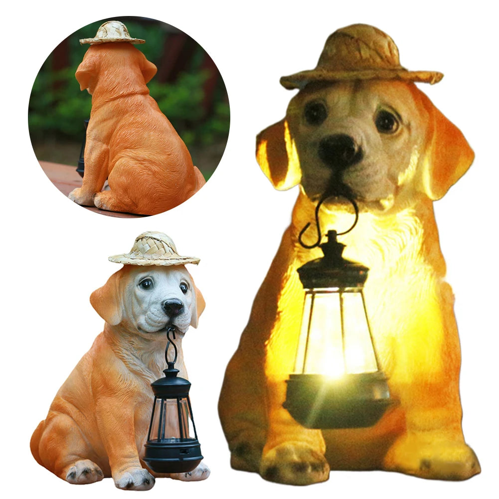 Resin Garden Dog Statues with Straw Hat and Solar LED Lantern Adorable Dog Figurines Puppy Decorations Dog Statue Outdoor Decor