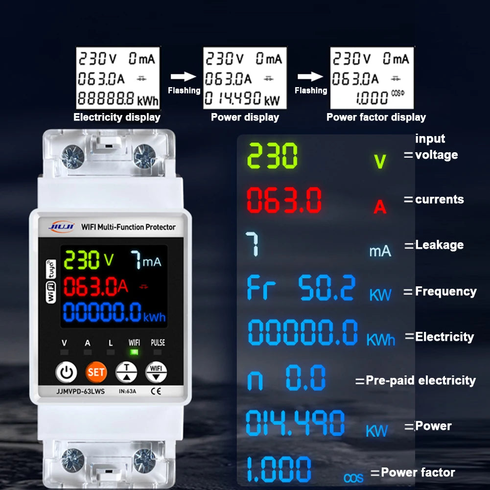 Tuya WiFi 63A Smart Energy Meter Multifunction Automatic Reclosing Protector Circuit Breaker Overvoltage Overcurrent Protection