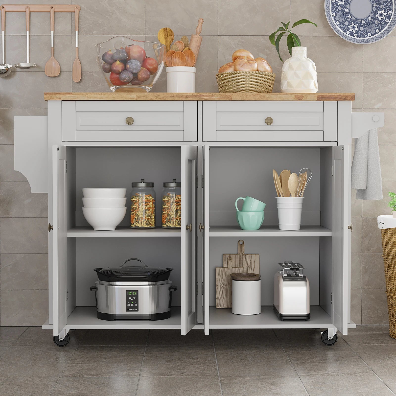 Rolling Kitchen Island with Drop Leaf – Movable Kitchen Carts on Wheels Island with Storage Cabinet, Island Table for Kitchen