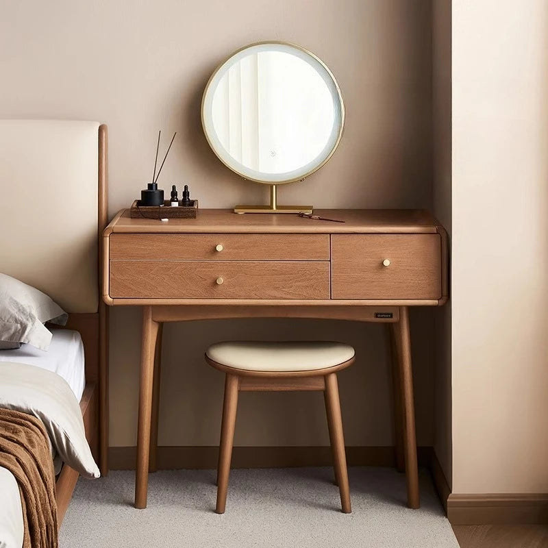 Dresser Bedroom Household Small Apartment Solid Wood Leg Makeup Table With Makeup Mirror Vanity Desk With Light Mirror With Seat
