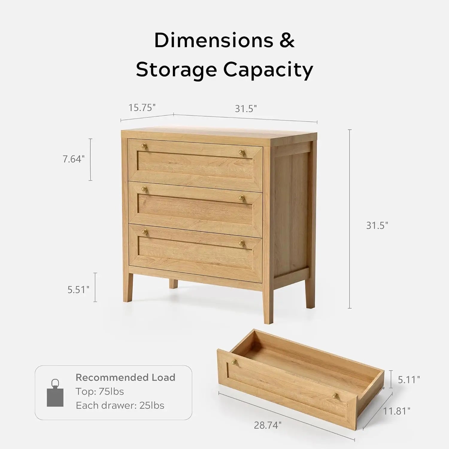 3 Drawer Dresser Set of 2 for Bedroom, Modern Chest of Drawers with Golden Handles, Wood Tall Nightstand,Natural Oak