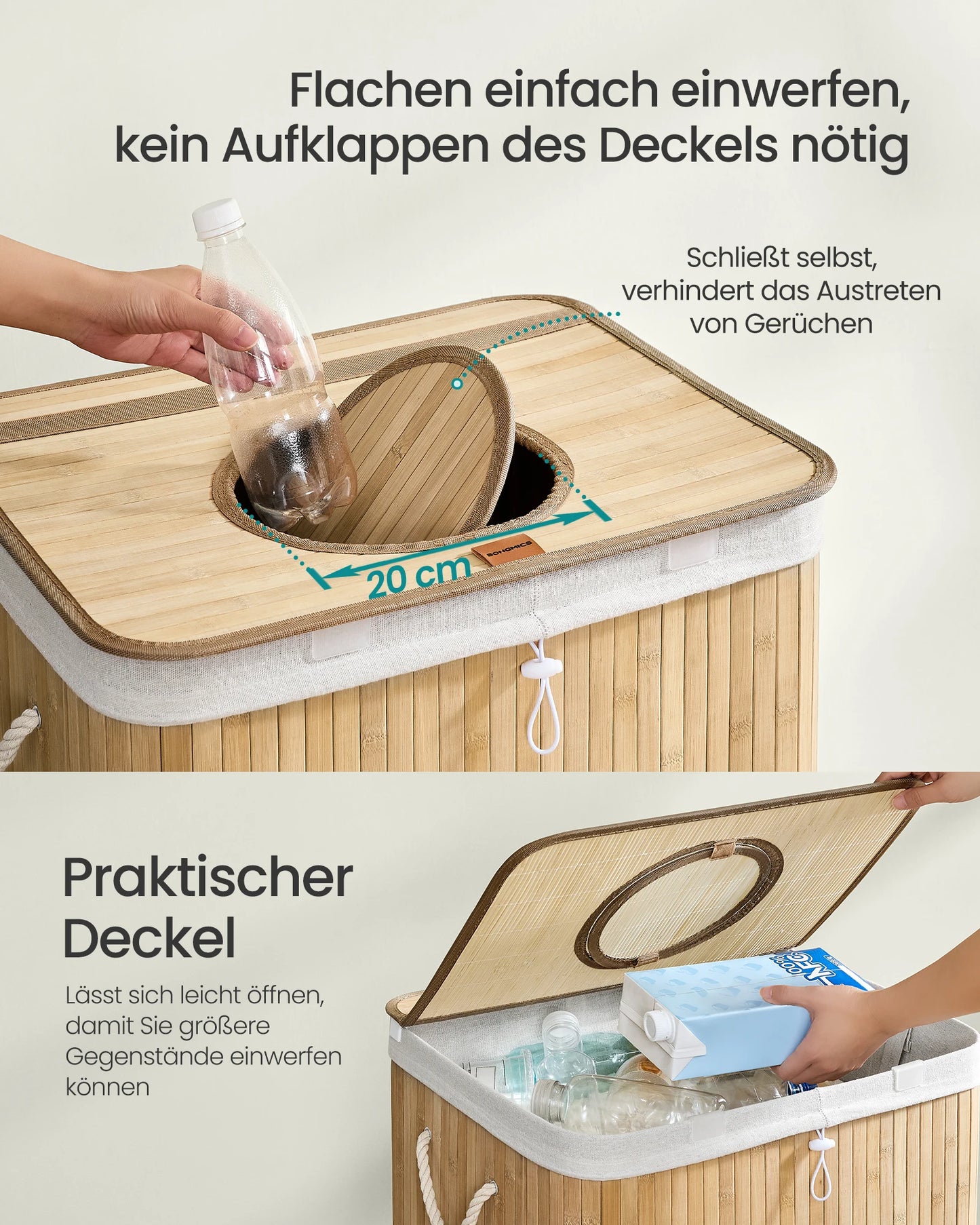 SONGMICS returnable bottle collection container, 120 L returnable bottle container, bamboo, bottles collector empties, recycling container