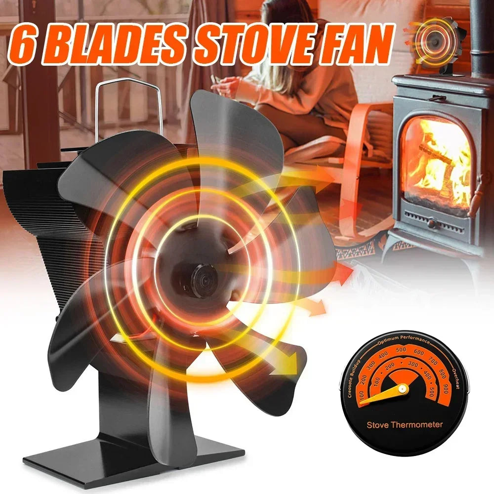6 Blades Heat Powered Stove Fan Eco Quiet Black Log Wood Burner Fireplace Fan Winter Warmer Home Efficient Heat Distribution