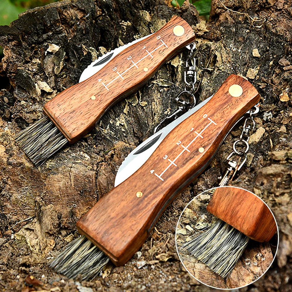 Kitchen Knives Mini Mushroom Knife Stainless Steel Wooden Handle with Keychain Brush Sharp Multifunctional Folding Knife Brush