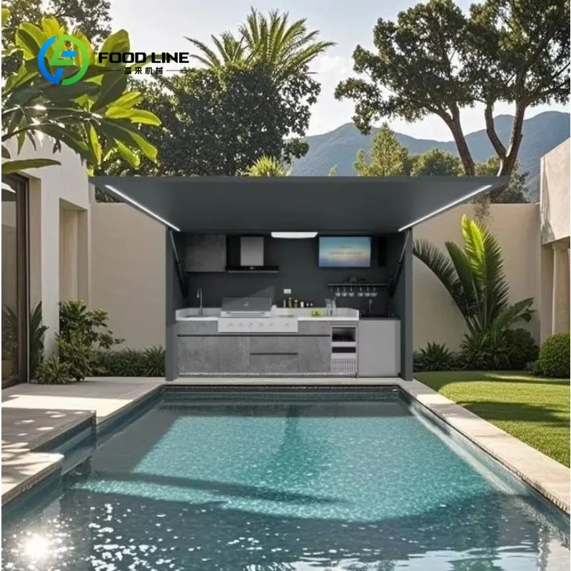 Customized Modern Outdoor Kitchen Cabinet Electric Door Shed For Luxury High End Homes Courtyard Outdoor Cooking Area