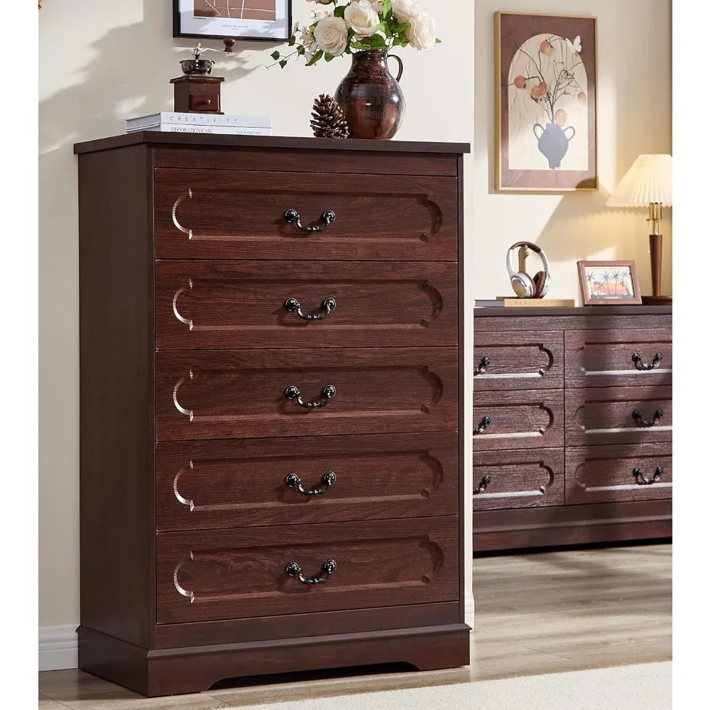 5 Drawer Dresser for Bedroom Farmhouse Cherry Wood Chest of Drawers for Bedroom Dresser, Rustic 46" Tall Wide Drawers Dressers