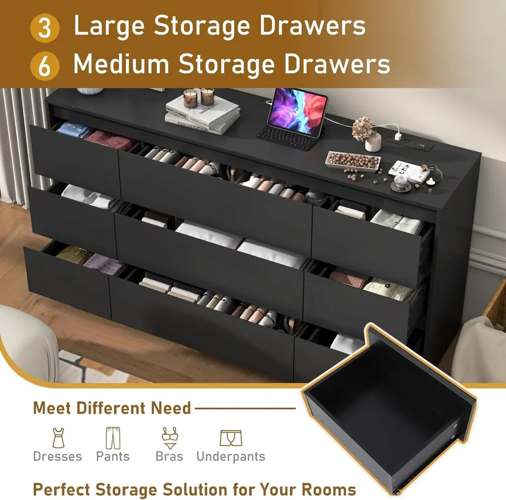 Black Dresser for Bedroom, 63 Inch Long Charging Station, Modern Large Wood Chest Living Room, Entryway, Hallway, Black
