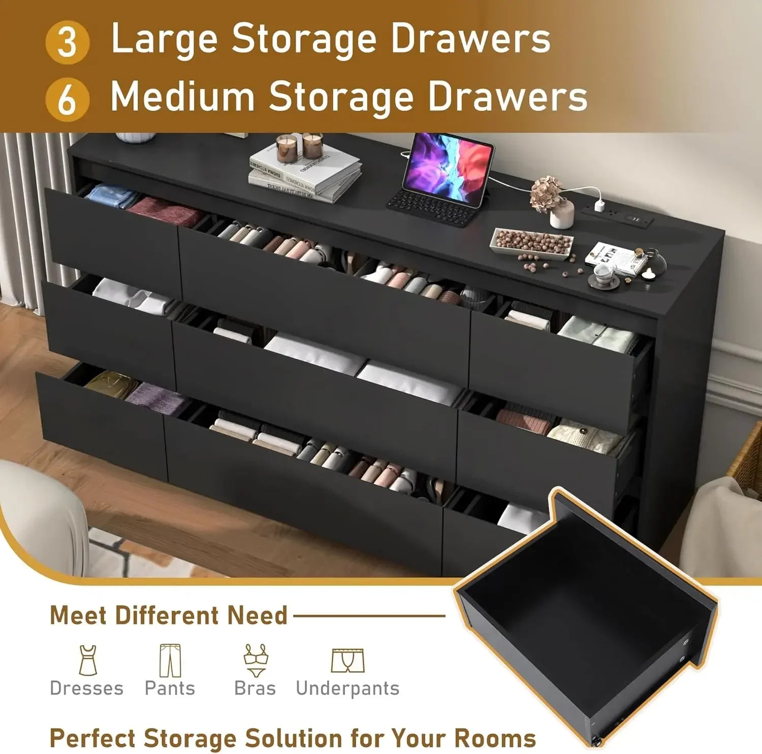 Black Dresser for Bedroom, 63 Inch Long Charging Station, Modern Large Wood Chest Living Room, Entryway, Hallway, Black