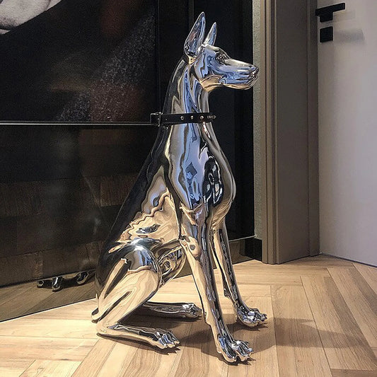 Home Decor Watchdog Chrome Sculpture Doberman Dog Small Size Art Animal Statues Figurine Room Garden Doorway