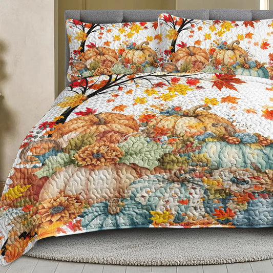 Colorful Pumpkin Oil Painting Quilt Set - 3-Piece Queen Bedding with 2 Pillowcases for Fall & Thanksgiving Gift