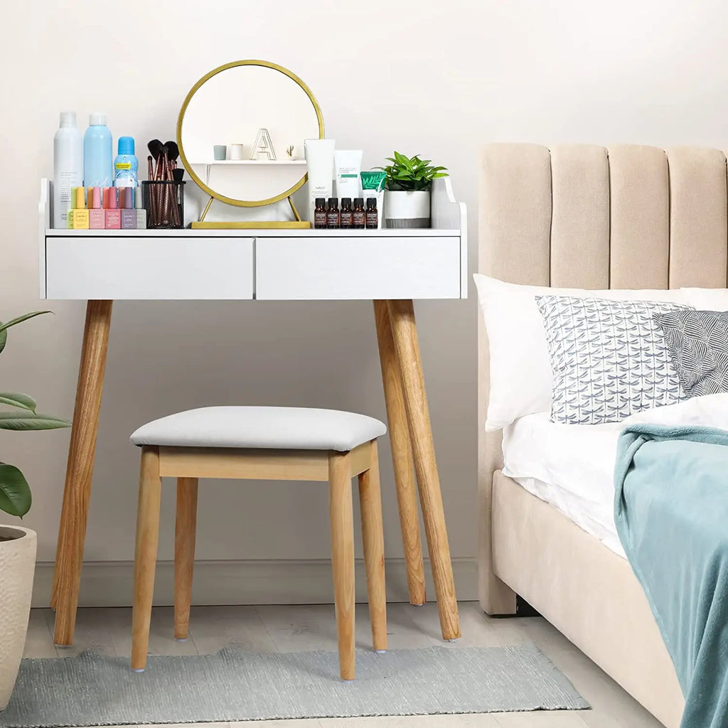 White Makeup Vanity Set with Mirror 2 Drawers Dressing Table for Bedroom