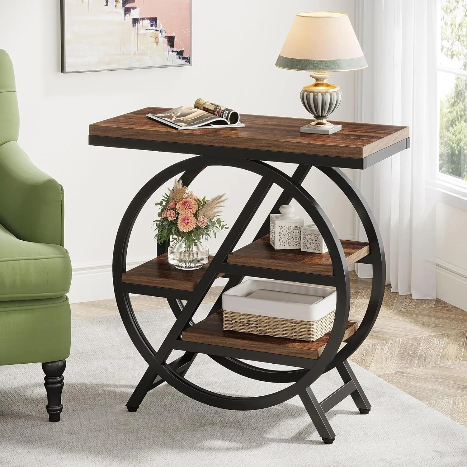 3-Tier Narrow Side Table with Storage, Wood Sofa Side Table with Geometric Metal Frame, Nightstand  for Bedroom, Living Room