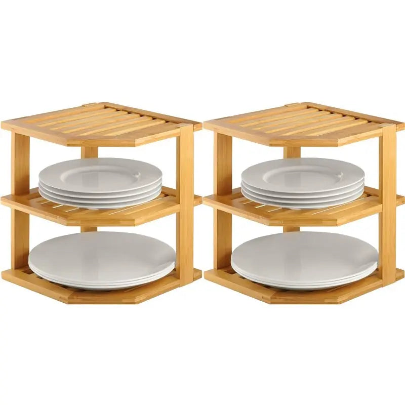 B84B-2 Set Bamboo Kitchen Organizer - Corner Rack For Plates, Dishes, Bowls - Enhances Cabinet & Counter Space