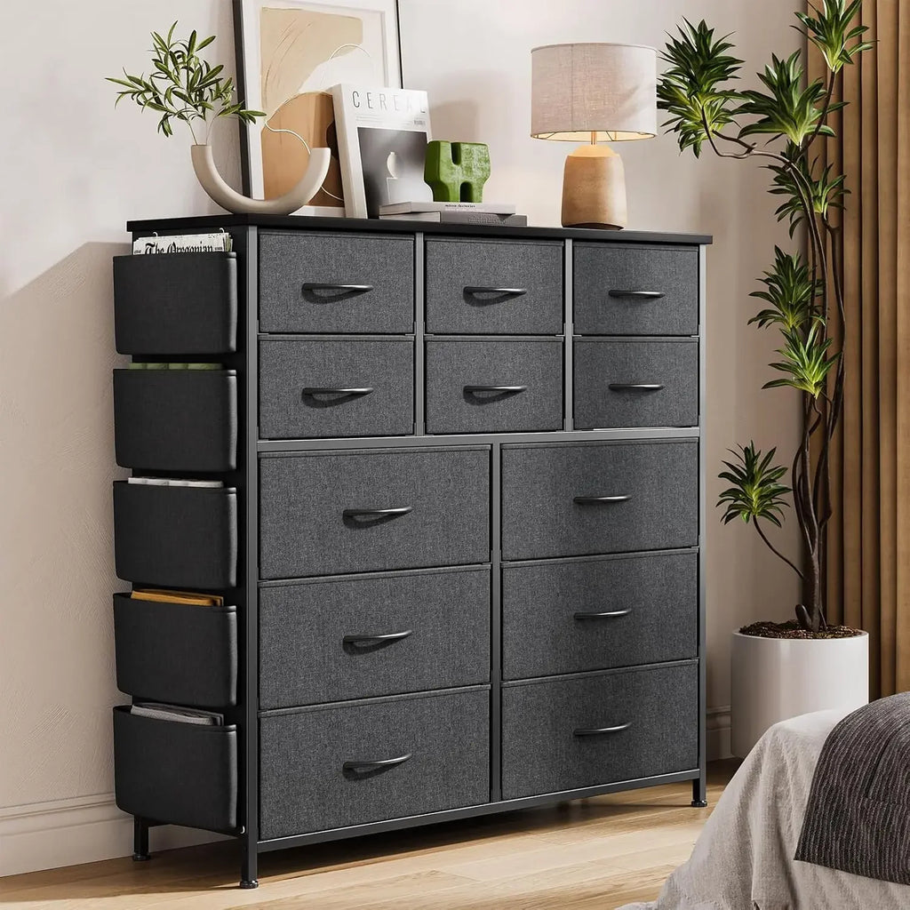 12 Dresser for Bedroom, Chest of Drawers for Bedroom with Side Pockets and Hooks, Fabric Storage Dresser, Sturdy Steel Frame