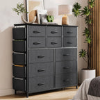 12 Dresser for Bedroom, Chest of Drawers for Bedroom with Side Pockets and Hooks, Fabric Storage Dresser, Sturdy Steel Frame